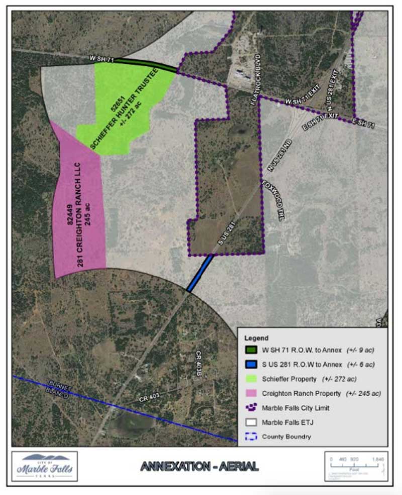 The city of Marble Falls has planned a vote Nov. 21 to annex several hundred acres of land that extend along the corner of the Texas 71-U.S. 281 intersection. Courtesy map