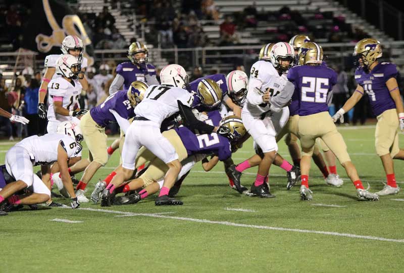 The Marble Falls High School defense has played well during the first halves of the past two contests: Kerrville Tivy on Oct. 20 and Seguin on Oct. 27. The Mustangs will need to continue that trend Nov. 3 against Lockhart, which looks to control the clock and keep the Marble Falls offense on the sideline. Photo by Luedecke Photography