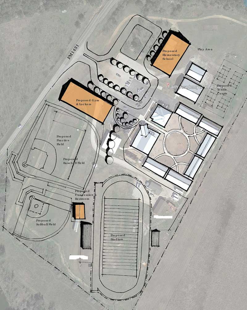 The future look of Faith Academy of Marble Falls with a new football stadium, baseball and softball fields, gymnasium, and tennis courts. Courtesy drawing