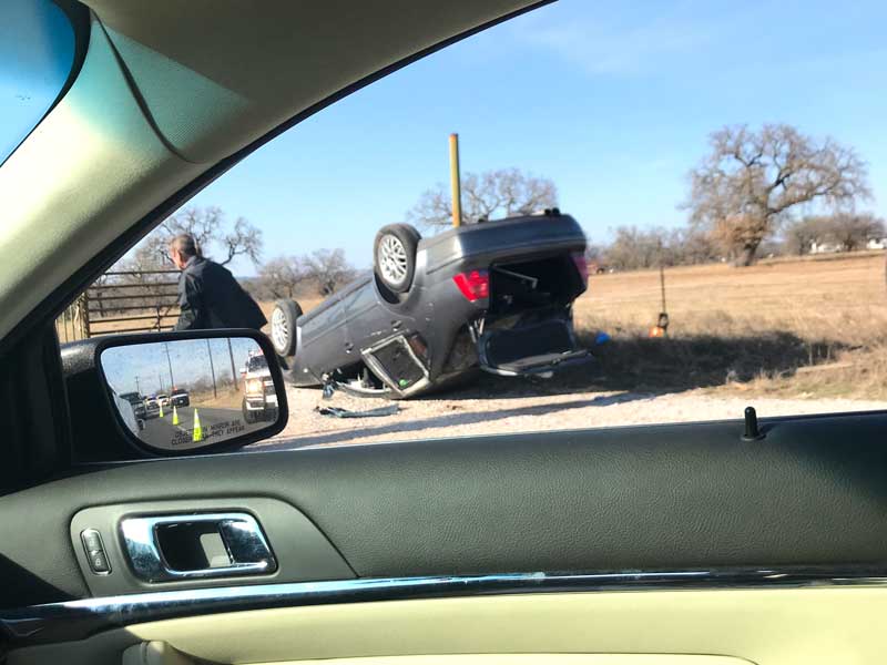 A one-vehicle rollover on RR 1431 in Granite Shoals sent one person to the emergency room Jan. 10 and caused traffic delays. Staff photo by Cade Rice
