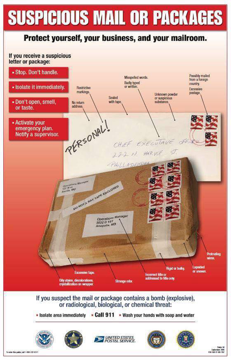 To keep safe, those who receive mail packages on their doorsteps or in their mailboxes should take a closer look for signs indicating the item contains explosives or toxic substances. Courtesy graphic