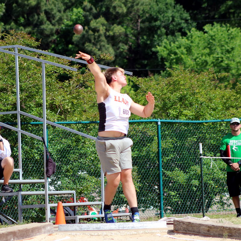 Llano High School senior Ray Dixon has the second-best mark in the shot put headed into the Class 4A state track-and-field meet with a heave of 52 feet 11 inches. Photo by Martelle and Briezie Luedecke/Luedecke Photography
