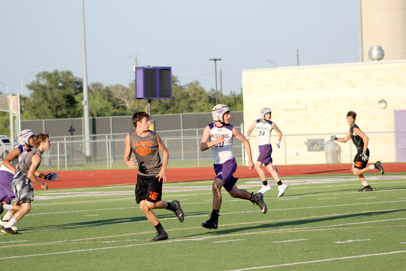 Thanks to a generous donor, Marble Falls High School 7-on-7 football players now have some protection against concussions with their new Gamebreaker headgear. Staff photo by Jennifer Fierro