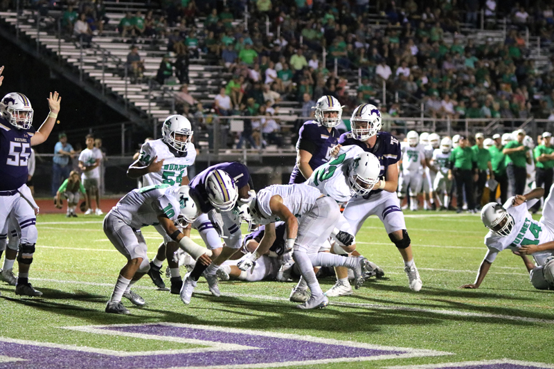 Marble Falls junior running back Hayden Wells scores one of his two touchdowns during the 34-14 win over Burnet on Sept. 7. The Mustangs have a 2-1 start to the season. They will enjoy a bye Sept. 21 before starting District 13-5A Division II play against Georgetown East View. Photo by Martelle Luedecke/Luedecke Photography