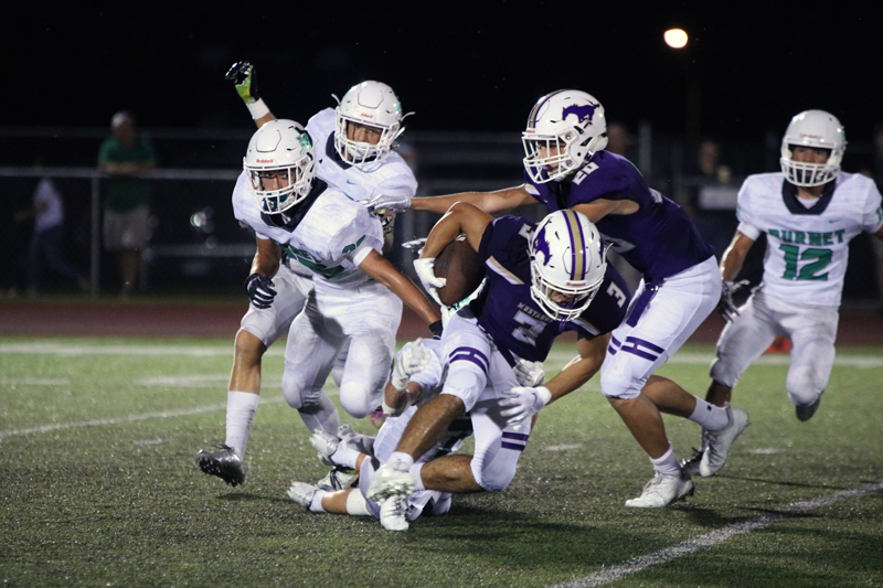 The Marble Falls Mustangs’ passing game, led by sophomore receiver Andrew Rodriguez, will need to be productive against Elgin in a District 13-5A Division II game Oct. 5 at Mustang Stadium. Photo by Martelle Luedecke/Luedecke Photography