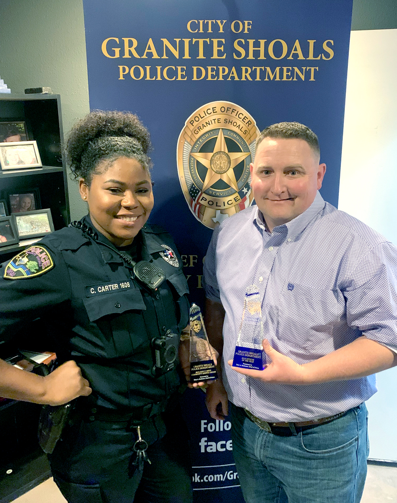 Granite Shoals Police Officer Christie Carter was awarded the John F. Ortis Community Service Award while Officer Tim Edwards earned the 2018 Granite Shoals Police Department Officer of the Year Award. Courtesy photo