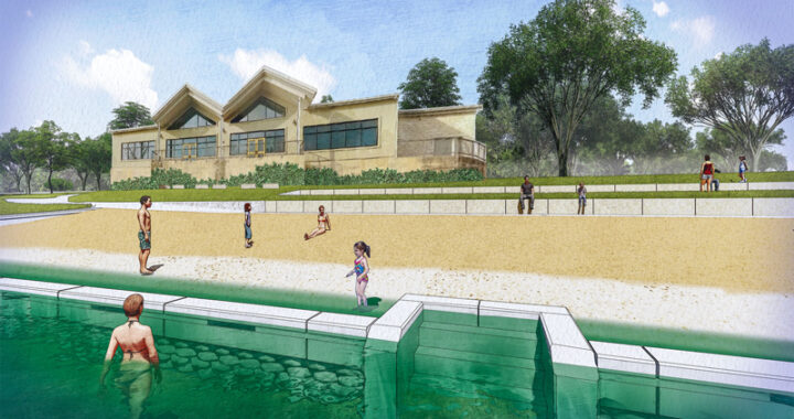 A concept rendering for a sandy beach along Lake Marble Falls at Lakeside Park shows the proposed proximity to Lakeside Pavilion. The Marble Falls City Council on Dec. 4 awarded a contract to Myers Concrete Construction to build the beach as part of Project Phase 1A. Shallow water inside the lake wall will let beachgoers splash in the water inside. The project also will somewhat affect the layout of the Walkway of Lights but is not causing the popular Christmas event to go away. Rendering courtesy of the City of Marble Falls