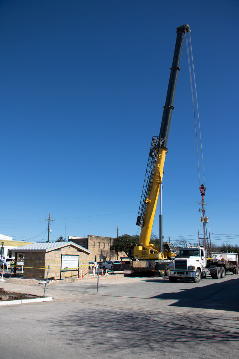 Downtown Marble Falls has a new public restroom after a crane placed the structure on the corner of Main and Third streets. The restroom is the first of two new restrooms to be placed in the city. The next will be installed at Johnson Park in March. Staff photo by Jared Fields