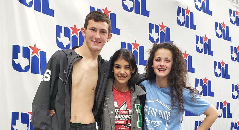 Burnet High School divers Tanner Keitch (left), Angelica Orocso, and Zoe Nicholl competed at the Class 5A swimming and diving state meet Feb. 15-16 at the University of Texas at Austin. Courtesy photo