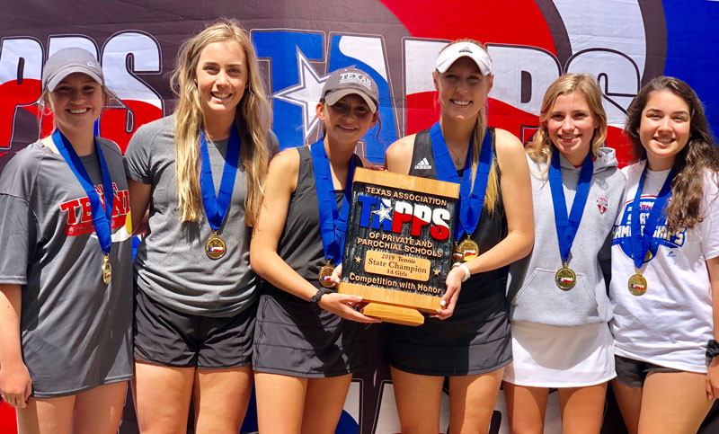 The Faith Academy of Marble Falls girls Class 3A state champion tennis team includes juniors Karson Cain (left), Christian Glosson, Allison Stallard, Christian Wilcox, Bailey Freeman, and Nikki Salinas. Courtesy photo