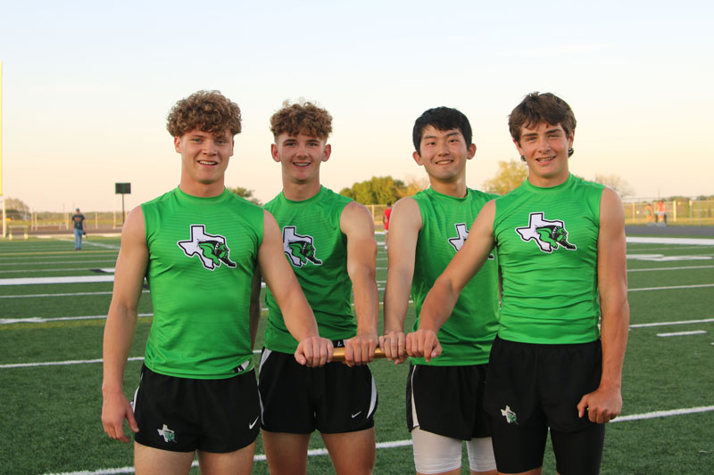 The Burnet High School 4x100-meter and 4x200-meter relay teams of Jaxson Denton (left), Cameron Guenter-Long, Yuki Tsuboi, and Braden McPherson took home bronze medals at district. Photo by Martelle Luedecke/Luedecke Photography