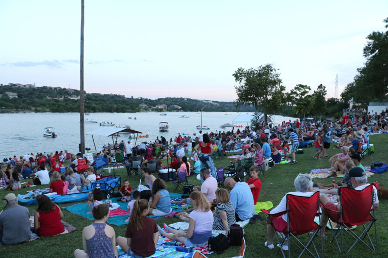 The Fourth of July fireworks show in Marble Falls has been taking place at Lakeside Park, but with construction ongoing at the park, the public viewing location this year will be moved to First Baptist Church of Marble Falls, seen on the horizon across the lake on the far left. That’s not the only change: The city of Marble Falls has taken over the event this year. File photo