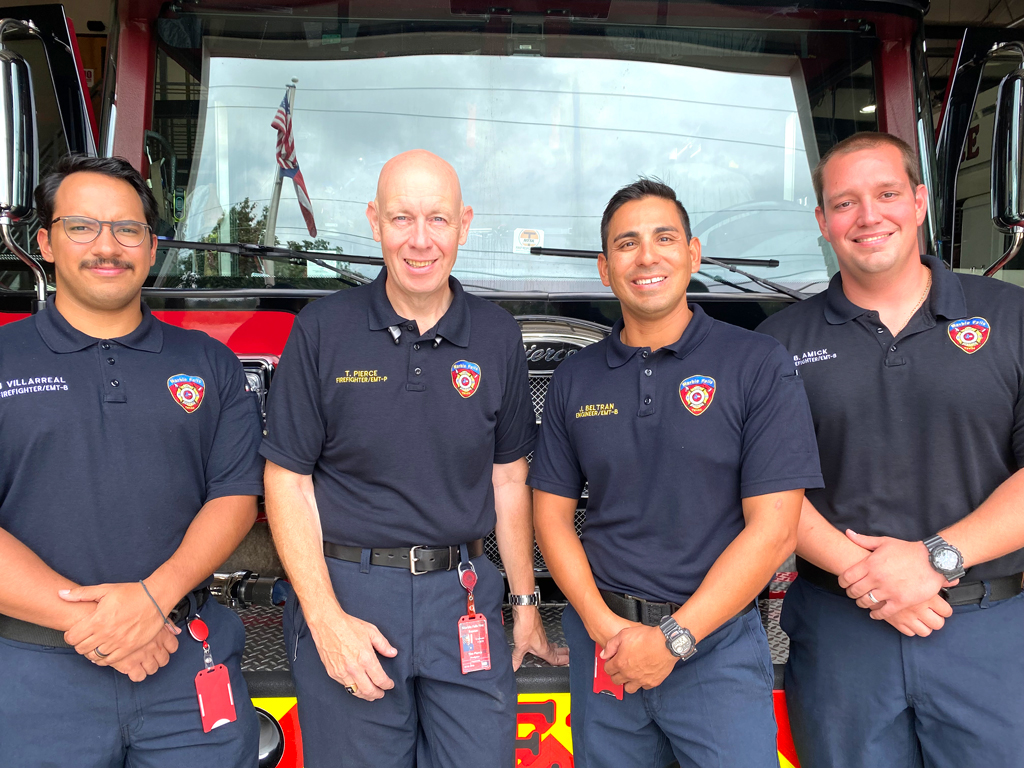 Marble Falls Fire Rescue members Josiah Villarreal (left), Tim Pierce, Jeff Beltran, and Bobby Amick
