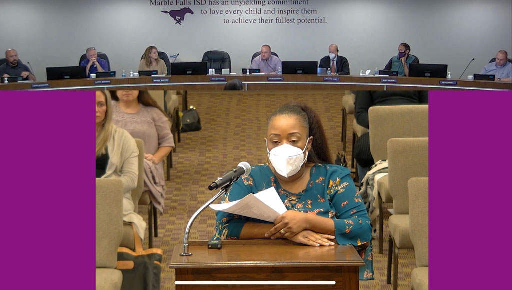 Rolandria Hanson at Marble Falls school board meeting