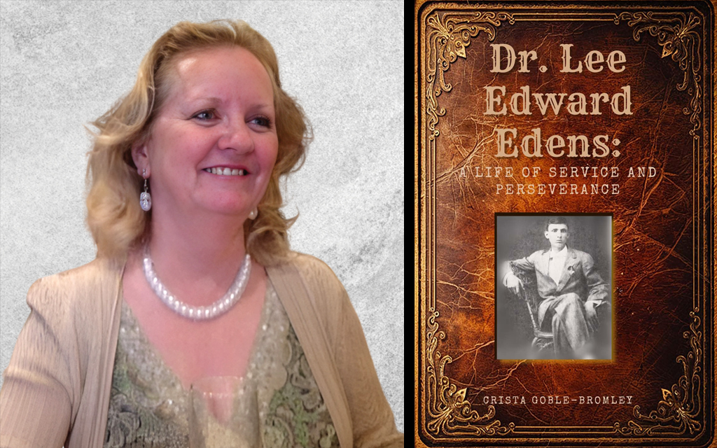 Crista Goble-Bromley with her book on Dr. Edens