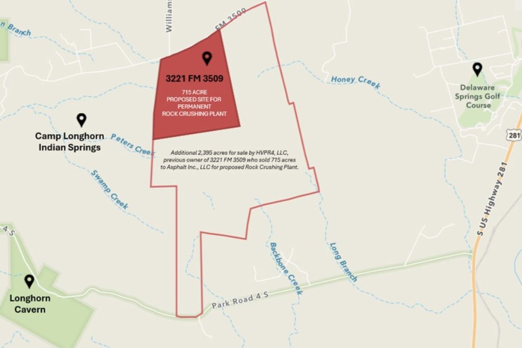 This map shows the general layout of a proposed 715-acre quarry off of Hoover Valley Road in Burnet County.