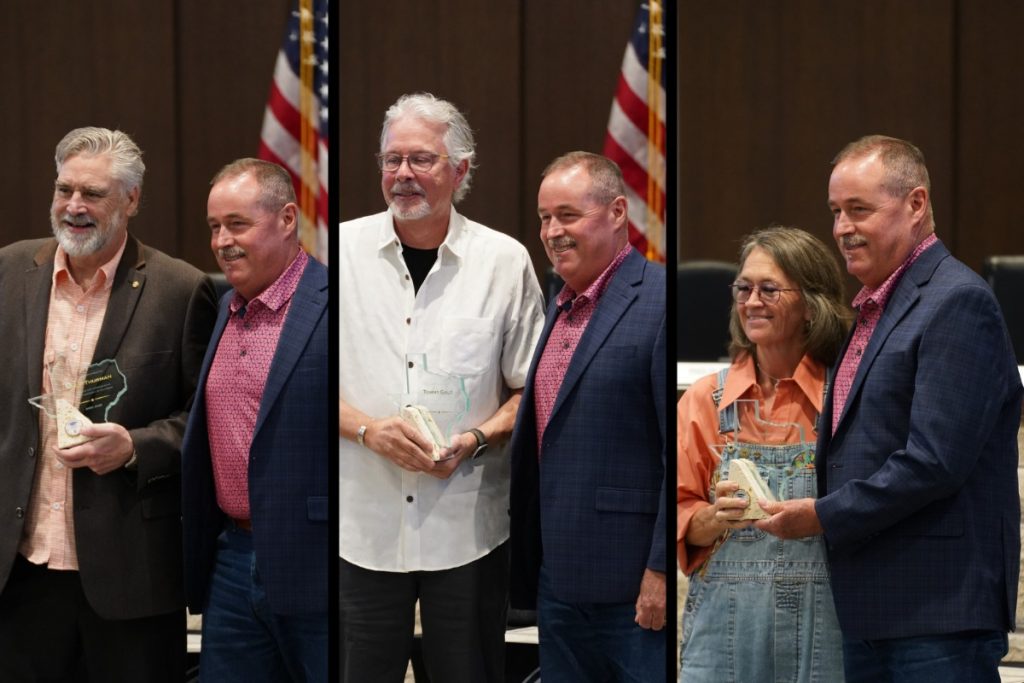 The three councilors leaving their seats, Philip Thurman (left), Tommy Gaut, and Cindia Talamantez, received commemorative awards from Mayor Wideman and the city for their service.
