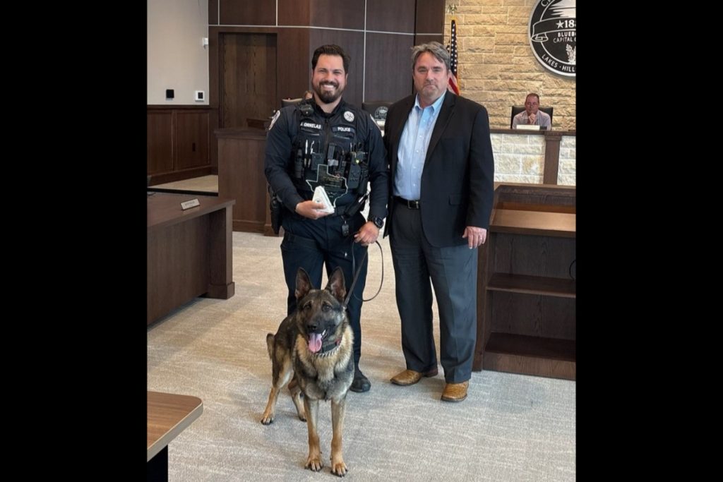 Officer Justin Ornelas was presented with the City Manager Award of Excellence on April 28, by City Manager David Vaughn. City of Burnet photo