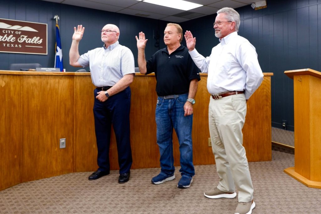 Marble Falls city councilors Dave Rhodes (left), Richard Westerman, and Mark Mayfield were sworn in during the May 13 council meeting.
