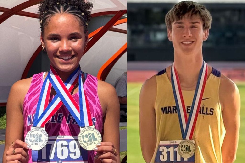 Madison Cuplin and Graham Goggans pose with their gold and silver medals from state track and field competition. Photos by Brenda Gonzalez