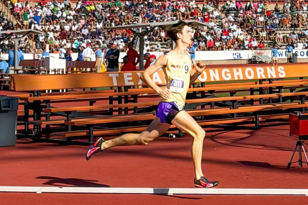 Marble Falls High School sophomore Graham Goggans pushes himself to the limit in the 800 meter run. Photo by Kyle Futrell